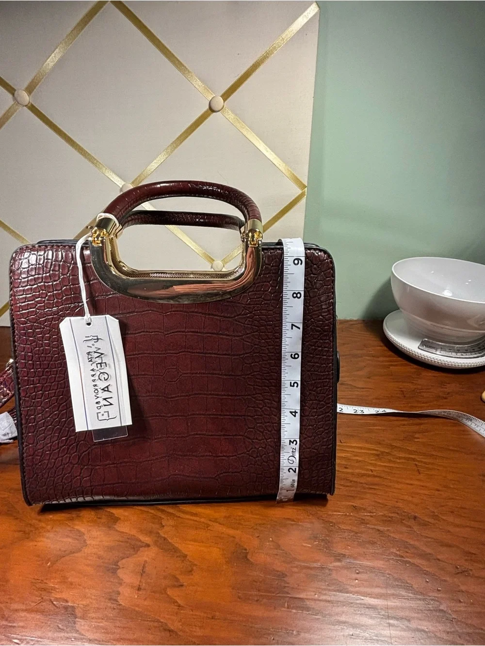 Classic Croc-Embossed Top Handle Bag in Dark Brown/Burgundy. Vegan leather. NWT